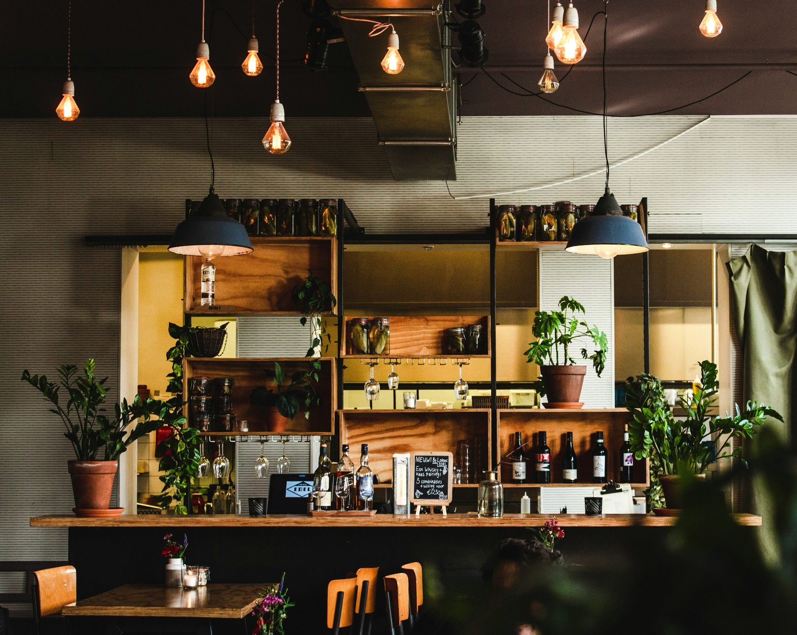 a bar with lots of plants and hanging lights